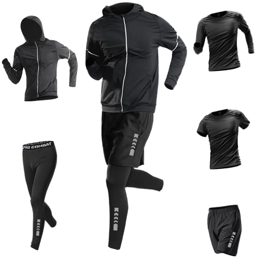 Męskie 5 sztuk kompresyjnej odzieży gimnastycznej zestaw odzieży fitness kurtki + top z długim rękawem + krótkie rękawy warstwy bazowe koszulki + szorty + spodnie kompresyjne do treningu treningu