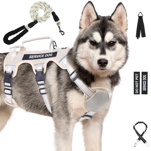 Escape Proof Dog Harness for Large Medium Sized Dogs Six Point Adjustable, Service Dog Vest Harness and Leash Set, No Pull Dogs Harnesses with Handle, XL Dog Harnesses for Walking(Beige, L)