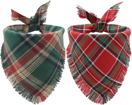 2PCS Christmas Dog Bandanas Plaid Two-Sided with...