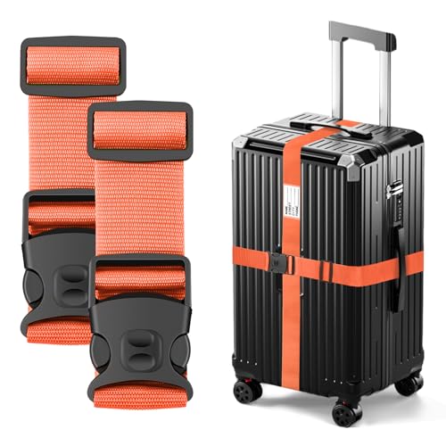 Image of BILIONE Luggage Straps Adjustable Suitcase Belt, Lockable Against Accidental Opening, Easy to Identify Travel Accessories, Add a Bag Connector Holds Suitcase (Vivid Orange, 2 Pack)
