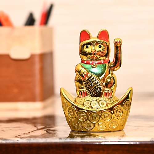 Image of ZAICUS Golden Waving Cat Figurine on Money Ingots | Feng Shui Symbol for Good Luck, Wealth, Prosperity, and Health | Decorative Cat Statue for Home & Office