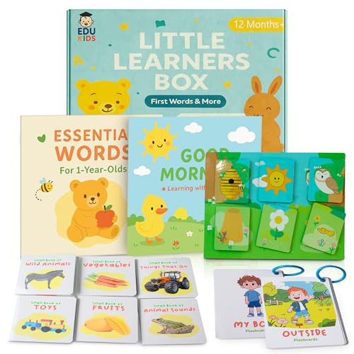 EDUKIDS Little Learners Box – Caja Montessori Educativa 1–3 Años con Libros, Flashcards en Inglés, Tablero de Actividades | Juguete Educativo de Lenguaje y Vocabulario | Regalo Bebé Niño Niña