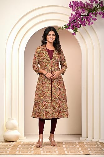 Image of KANNAHI Women Pure Cotton Printed Straight Calf Length Regular Jaipuri Kurta and Shrug Set with Floral Print for Womens & Girls Grey