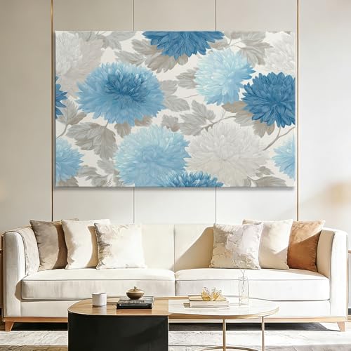 Cadre chrysanthème bleu clair 40x30 contre les murs vides, tableau déco moderne pour chambre