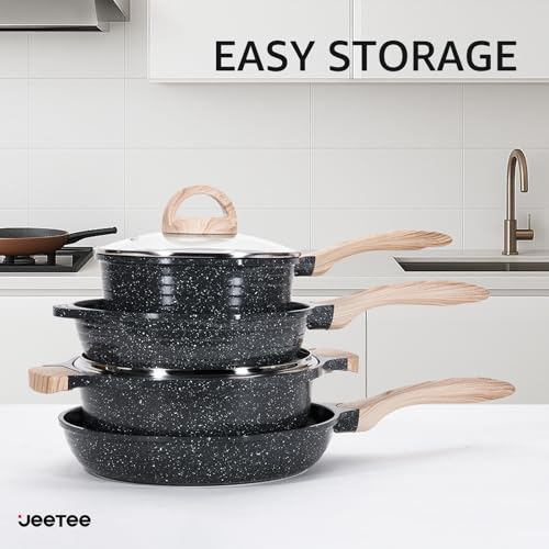 Image of JEETEE 24Pcs Ceramic Cookware Set, Gray Pots and Pans Set Non Stick | Kitchen Healthy Non Toxic Induction Cookware Sets W /Saucepans, Saute Pan, Griddle, Crepe Pan & Pancake Rake (PTFE, PFOSFree)