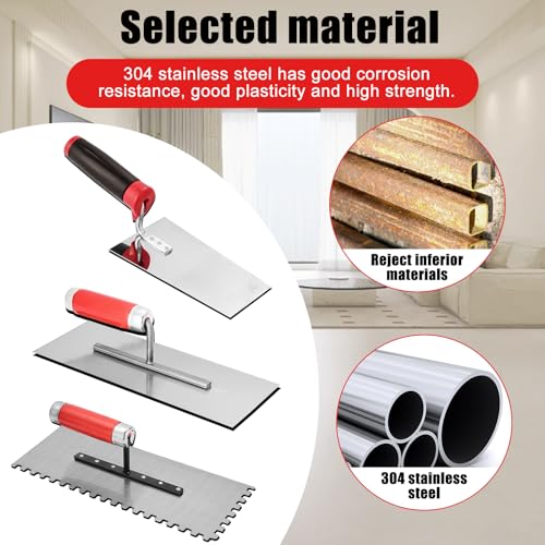 GBKDQQ Edelstahl Maurerkelle, 3-teiliges Set Glättekelle Edelstahl-Glättekelle Set mit Putzkellen Set Stukkateurspachtel mit Gummigriff, Stuckateur Werkzeug FürPutzmassen, Beton
