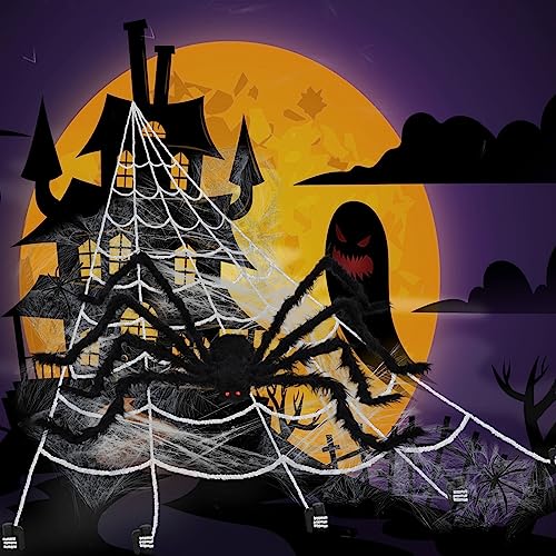 200" Halloween Spider Web + 59" Giant Spider Decorations, Triangular Huge Spiders Web and Hairy Scary Fake Spider, for Indoor Outdoor Porch Yard,... - Image 6