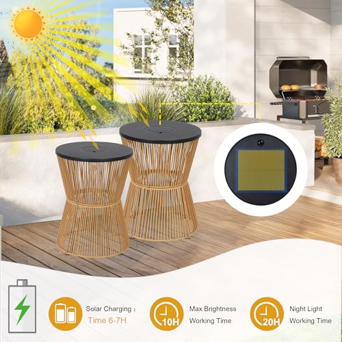 HMVPL Solar Outdoor Side Table with Dimmable Light, Patio Side Tables for Outside, Round Outdoor End Tables Set of 2, Plastic Rattan Patio End Accent Table for Poolside Backyard Gazebo, Dusk to Dawn by HMVPL - Image 2