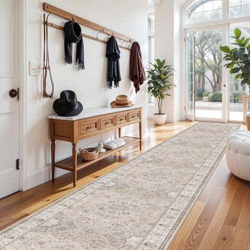 Hallway Washable Runner Rug - 3x20 Kitchen Rugs Entryway Rug Long Runner Vintage Soft Floor Mat Non Slip Indoor Farmhouse Carpet for Bathroom Living Room Bedroom (3 X 20, Beige)