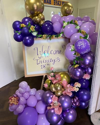 Image of Purple and Gold Balloons Arch Kit, 140Pcs Dark Purple Metallic Gold Lavender Lilac Metallic Purple with Confetti Balloons for Baby Shower Girl Princess Party Women Birthday Wedding Decorations