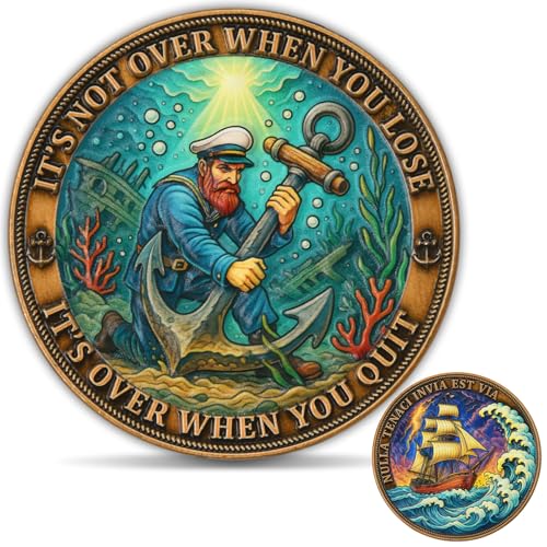 Sailing Ship & Anchor Challenge Coin – Zinc Alloy Collector’s Coin with Motivational Quote, 3D Raised Design, Heavyweight Pocket Token, Clear Protective Case Included