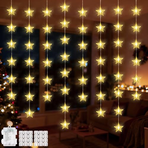 Lewondr 40 LED Cortina de Luces Navideñas, 3PCS Luces Colgantes con Temporizador 6H y 8 Modos, Luz de Cadena para Decoración Navideña de Dormitorio Bodas Fiestas Navidad Interior
