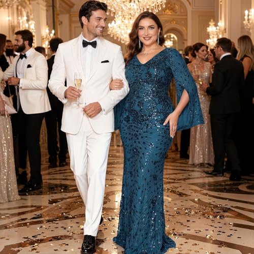 Image of Plus Size Formal Dresses for Women with Embroidery Sequin and Cape Sleeve, V-Neck Maxi Dress for Wedding and Party