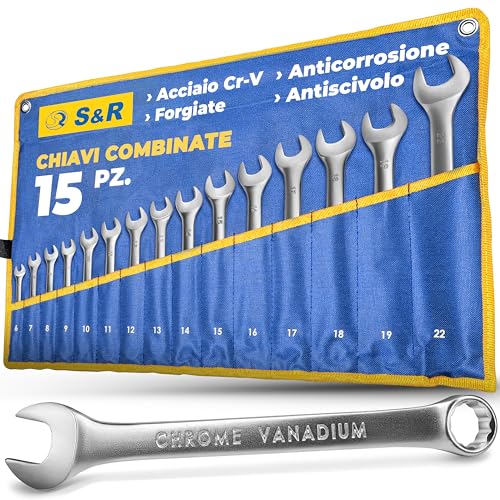 S&R Set 15 Chiavi Inglesi Combinate Anello e Forchetta 6-22 mm. Chiavi Fisse Professionali di Qualità Industriale
