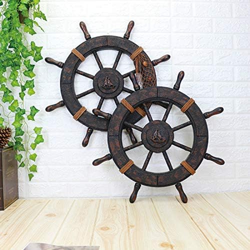 ZAMTAC Mediterranean Ship Wooden Rudder Helm Wall Decorations Shipping Steering Wheel Creative Bar Wooden Decorations Photographic fig - (Color: Middle 45cm)