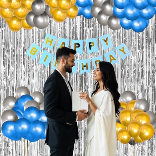 Image of Party Propz Happy Birthday Decoration Kit - 53 Pcs Birthday Decoration Items For Boys With Silver Foil Curtain,Happy Birthday Banner(Cardstock) With Ribbon,Multicolour Metallic Balloons