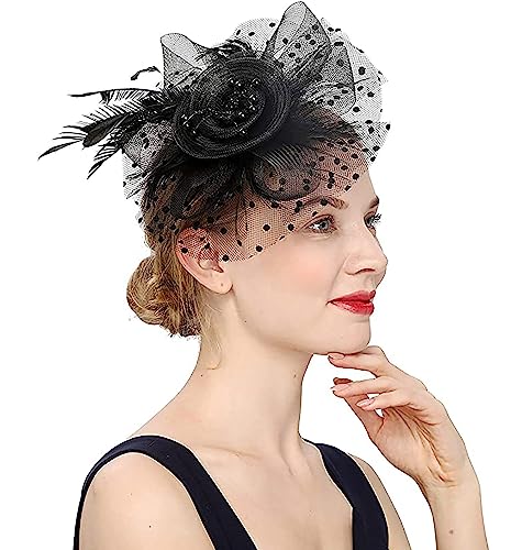 Durzasvo Women'S Fascinators Tea Party Wedding Derby Mesh Flower Pearl Feather Fascinator Hat With Headband And Clip thumb #1