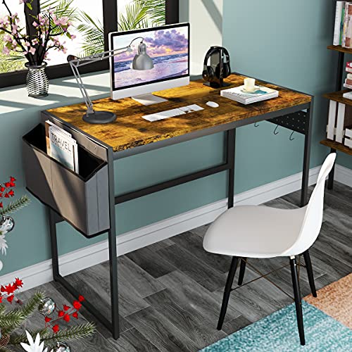 Image of Small Computer Desk for Small Spaces with Storage Bag 4 Hanging Hooks, 39.4x19.7x29.9 inches Modern Rustic Desk Wooden Tabletop and Metal Leg Writing Table for Student Office PC Gaming Sewing Table