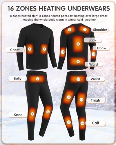 Iooellix Men's Heated Underwear Set: Electric Thermal Long Johns with 16 Heating Zones for Hunting