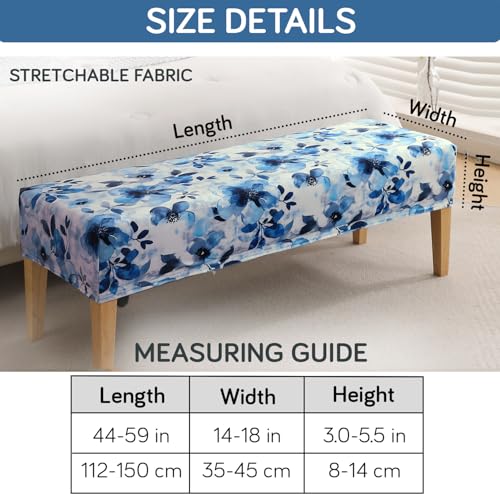 Image of HOKIPO Premium Printed Velvet Elastic Dining Bench Cover, Blue Azure Botanical (AR-5798-D8)