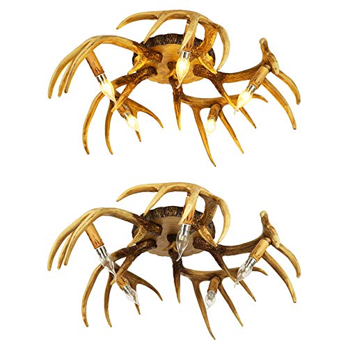 Litfad 5 Lights Antlers Flush Mount Ceiling Light Rustic Style Resin Ceiling Light Fixture Led Retro Chandelier Ceiling Lamp For Living Room Restaurant Cafe #TOP1
