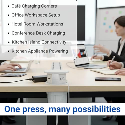 Image of Audiovan Motorized Sensor Touch Pop Up socket Pneumatic Electrical 3 Power 1 USB type A+C charge+ 15 watt Fast Wireless phone charge Kitchen Counter Conference Desk (White VMP-30)