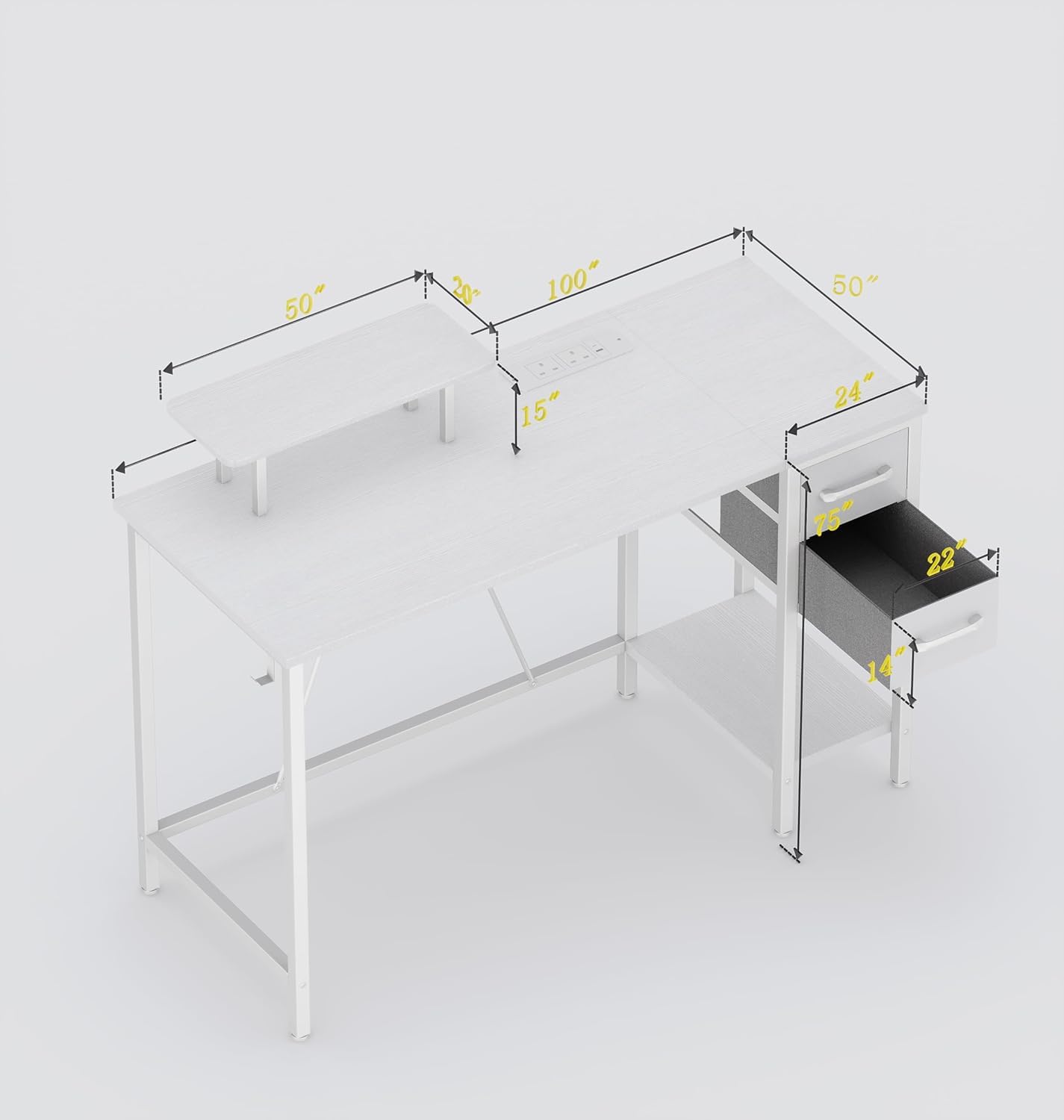Bureau 100 x 50 cm avec 2 tiroirs et Support d'écran Amovible, Bureau d'ordinateur réversible avec Prises électriques pour Bureau à Domicile, Bureau d'étude ou Chambre à Coucher, Blanc