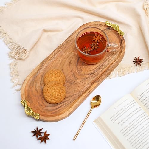 Image of Behoma Mango Wood Oval Serving Platter with Golden Brass Motif | Elegant Wooden Tray for Home Decor | Durga Puja Navratri Festive Serveware for Sweets, Cookies & Dry Fruits | Size - 37 cm (14.5 inch)