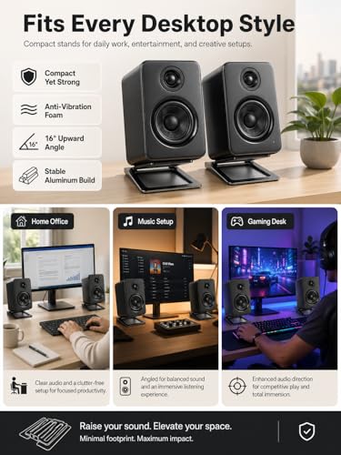 wigmoa U-Z2 【2PACK】 Desktop Speaker Stands Pair for Small Speakers, Tilted Steel Tabletop Stands with Foam Padding, Fits Compact Studio Monitors, Computer Speakers (A/Black) - image 2
