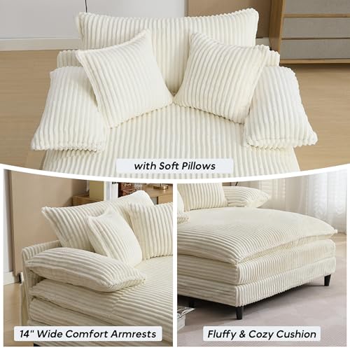 Image of Oversized Chaise Lounge Chair Indoor with 5-Position Adjustable Backrest, 54.8 inch Upholstered Corduroy Deep Seat Single Cloud Sofa Chair, Fluffy Modern Sleeper Couch Bed for Living Room, Beige White