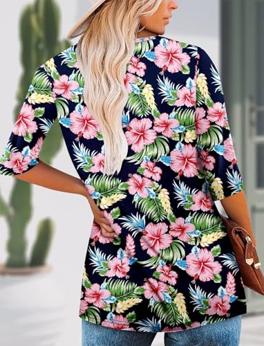 KISSMODA Tunic Tops for Women Loose Fit Dressy Round Neck Pleated 3/4 Length Sleeve Spring Tops