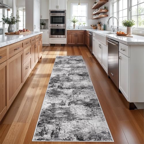 RUUGME Hallway 3x12 Runner Rug - Runner Rug Stain Resistant for Living Room Non Slip Indoor Entryway Rubber Backing Carpet Bedroom Kitchen Distressed Floor Decor Mat Machine Washable 3x12 BlackA