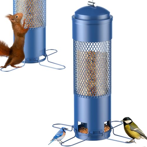 LCSEVEN Bird Feeders for Outdoors Squirrel Proof with Weight-Activated Perches, Hanging Bird Feeder for Outside, Metal Feeder for Wild Cardinal, Finch, Blue Jay, Chickadee, 3LB Seed Capacity, Blue