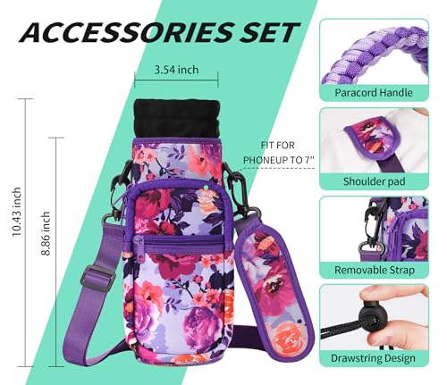 Image of 32 oz 40 oz Water Bottle Sleeve with 4 Pocket, Neoprene Water Bottle Carrier Bag with Strap & Paracord Handle, Metal Steel Water Flask Sling Pouch Holder for Walking Hiking-Purple Rose