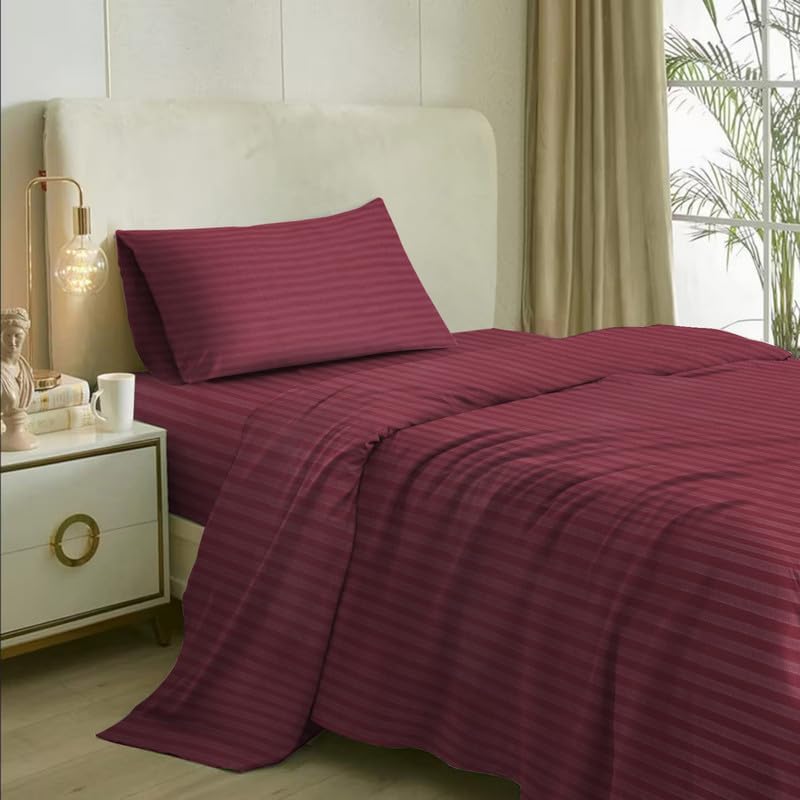 Image of Strip Glace Cotton Single Bedsheet with One Pillow Cover (Wine, Single)