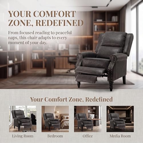 Image of Leather Recliner Chair, Pushback Recliner Chair with Adjustable Backrest Footrest, Mid Modern Reclining with Overstuffed Arms Lumbar Support for Reading, Living Room, Black