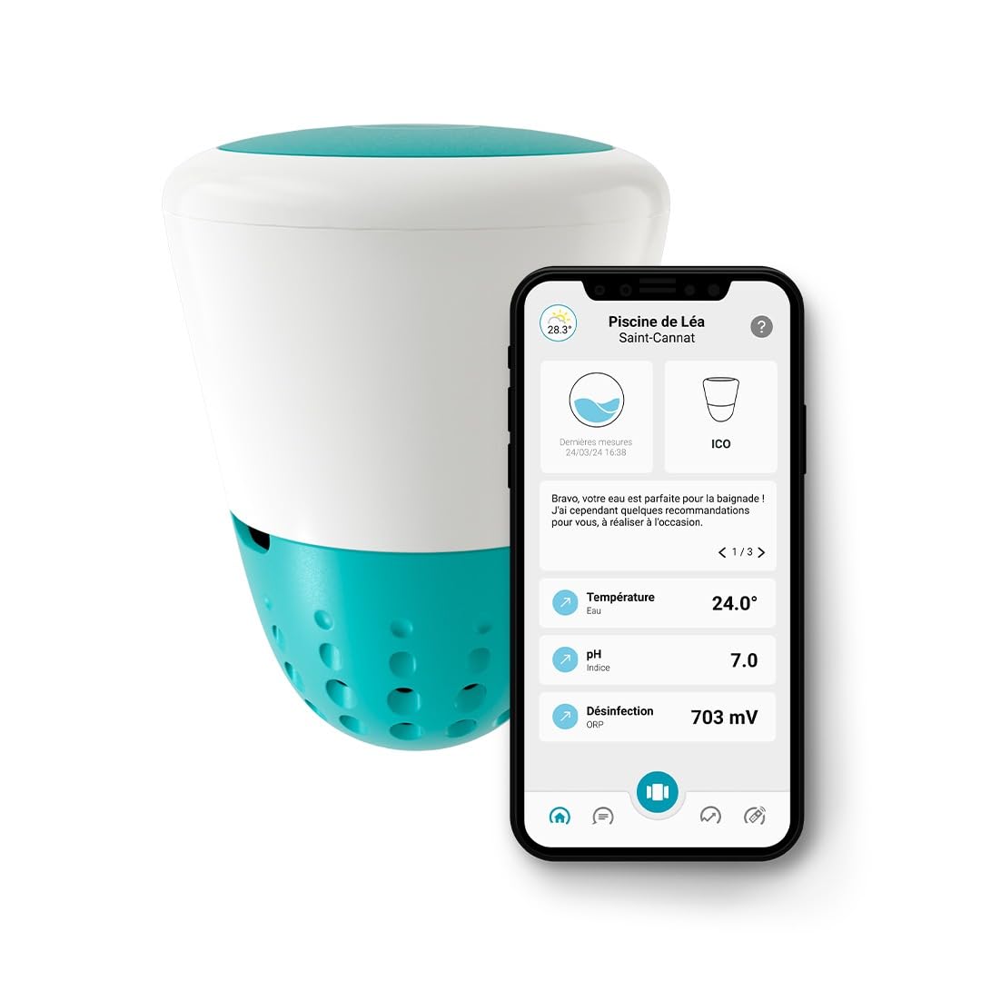 Ondilo ICO Pool V2 Essential+ Chlore Brome - Analyseur d'eau connecté pour piscines traitées au Chlore ou au Brome - Mesures toutes les heures pH, ORP, température de l'eau - Kit de calibration inclus