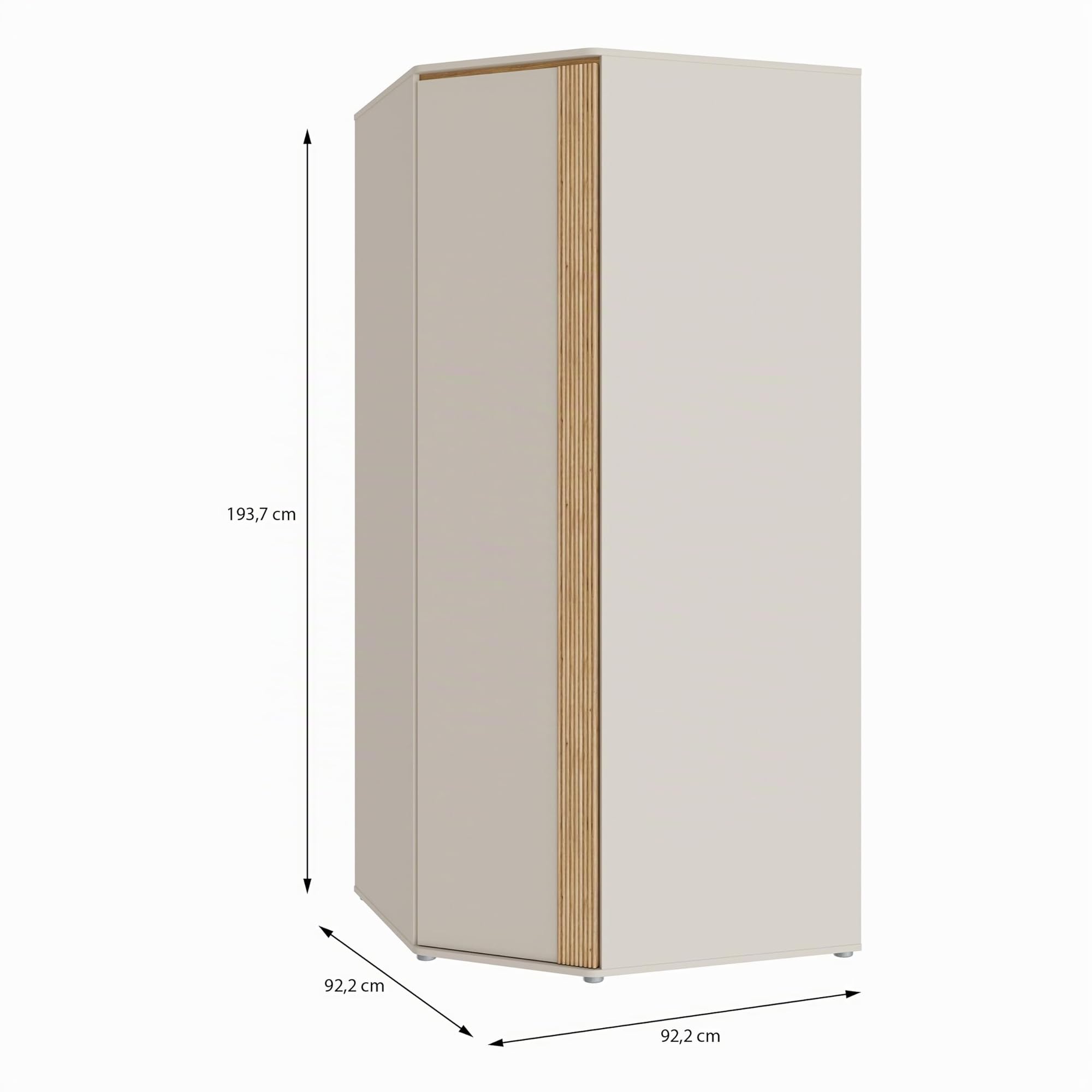 Forte WEXLIN - Armadio angolare 90 95, moderno con porta armadio, camera dei bambini e dei ragazzi, cashmere, beige, decorazione in legno di quercia, 92,2 cm di larghezza x 193,7 cm di altezza x 92,2