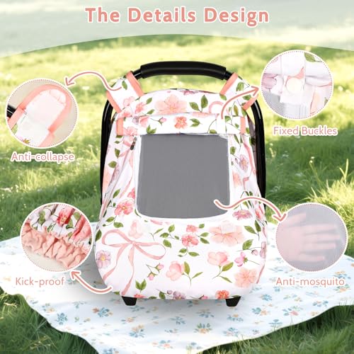 Image of Windproof Baby Car Seat Cover, 3D Mink Dot Infant Car Seat Canopy with Breathable Mesh Window, Baby Carrier Cover for All Seasons, Easy Access Carseat Carrie Snug Fit Stroller, Pink Bow