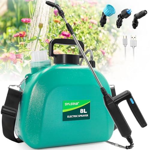 SYLSTAR Pulverizador de jardín alimentado por batería de 8 L, pulverizador eléctrico de malezas mejorado con 3 boquillas de niebla, mango recargable por USB, varita retráctil y correa de hombro