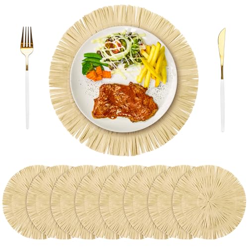 Fovths 8 Pcs Hawaii Luau Placemats Bulk 13 Inch Woven Boho Fringe Place Mats Round Straw Fringe Chargers Macrame Heat Resistant Grass Table Mat for Tropical Luau Party Hawaii Dining Table Decorations by Fovths - Used condition - US$15.99