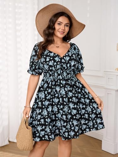 Image of SCOMCHIC Womens Plus Size Summer Dresses Casual Sun Dress Sweetheart V Neck Puff Short Sleeve Smocked A Line Mini Dress