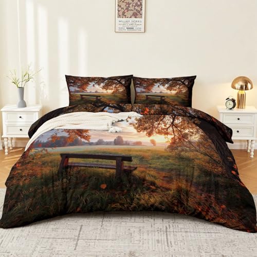 Parure de couette 240x260 cm microfbre avec 2 taies d'oreiller orange paysage d'automne