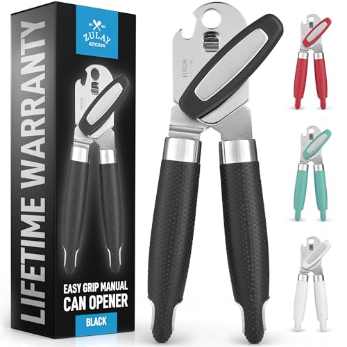 Zulay Kitchen Heavy Duty Stainless Steel Can Opener Manual with Large Bottle Opener - Manual Can Opener with Turn Knob with Soft Grip Handles - Black