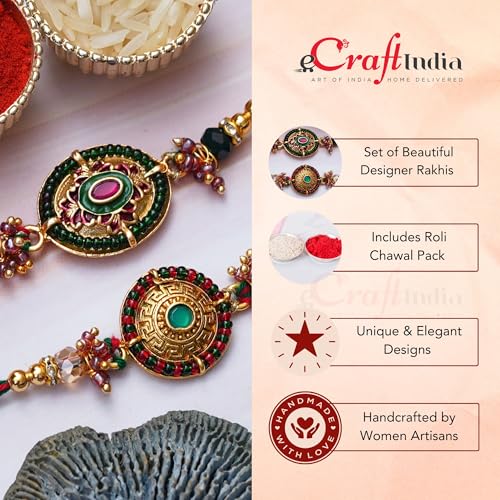 Image of eCraftIndia Set of 2 Beautiful Designer Rakhis, Best Bro Ever Fridge Magnet with Roli Chawal Pack - Rakhis for Brother, Bhabhi, Kids