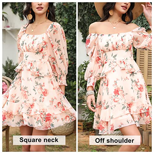 Exlura Womens Floral Ruffle Sun Dress Sundress Tiered Square Neck Long Sleeve Off Shoulder Smocked Skater Mini Dress Pink #TOP3