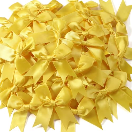Yellow Gold Gift Wrap Bows - 50pcs 3.3 Inch Elegant Bows for Gift Wrapping Party Decorations Wedding Decor Birthday Presents Holiday Gifts DIY Crafts Baby Shower Anniversary Christmas Gift Bags