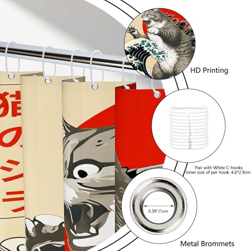ASDCXZ Duschvorhang Japanischer Katze 180x200 cm, Vintage Lustig Japan Anime Katze Sonne Welle Kinder Tier Wasserdicht Badvorhang Polyester Textil Waschbar Duschvorhänge für Badewanne mit 12 Haken