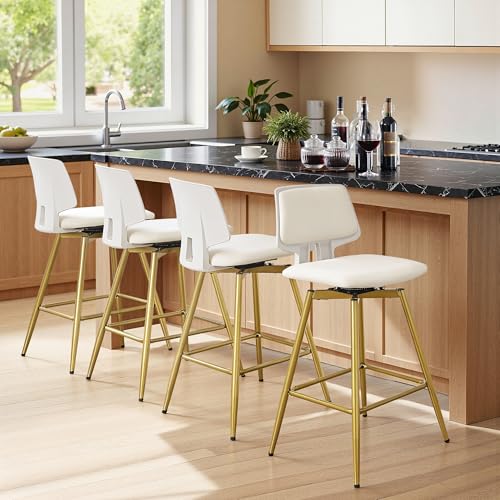 Butacos giratorios tapizados VECELO, altura de barra, con respaldo, patas metálicas, 35,2 pulgadas de alto, para isla de cocina, barra casera o café, color blanco, juego de 4 miniatura 2
