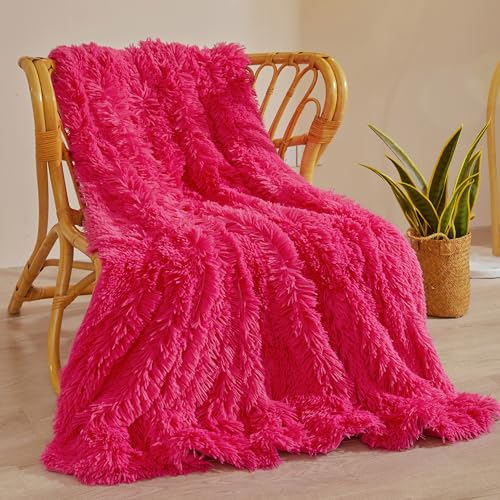 XeGe Couverture en fausse fourrure douce et moelleuse à poils longs – Couverture décorative en peluche mignonne pour chambre à coucher, salon, rose vif,...
